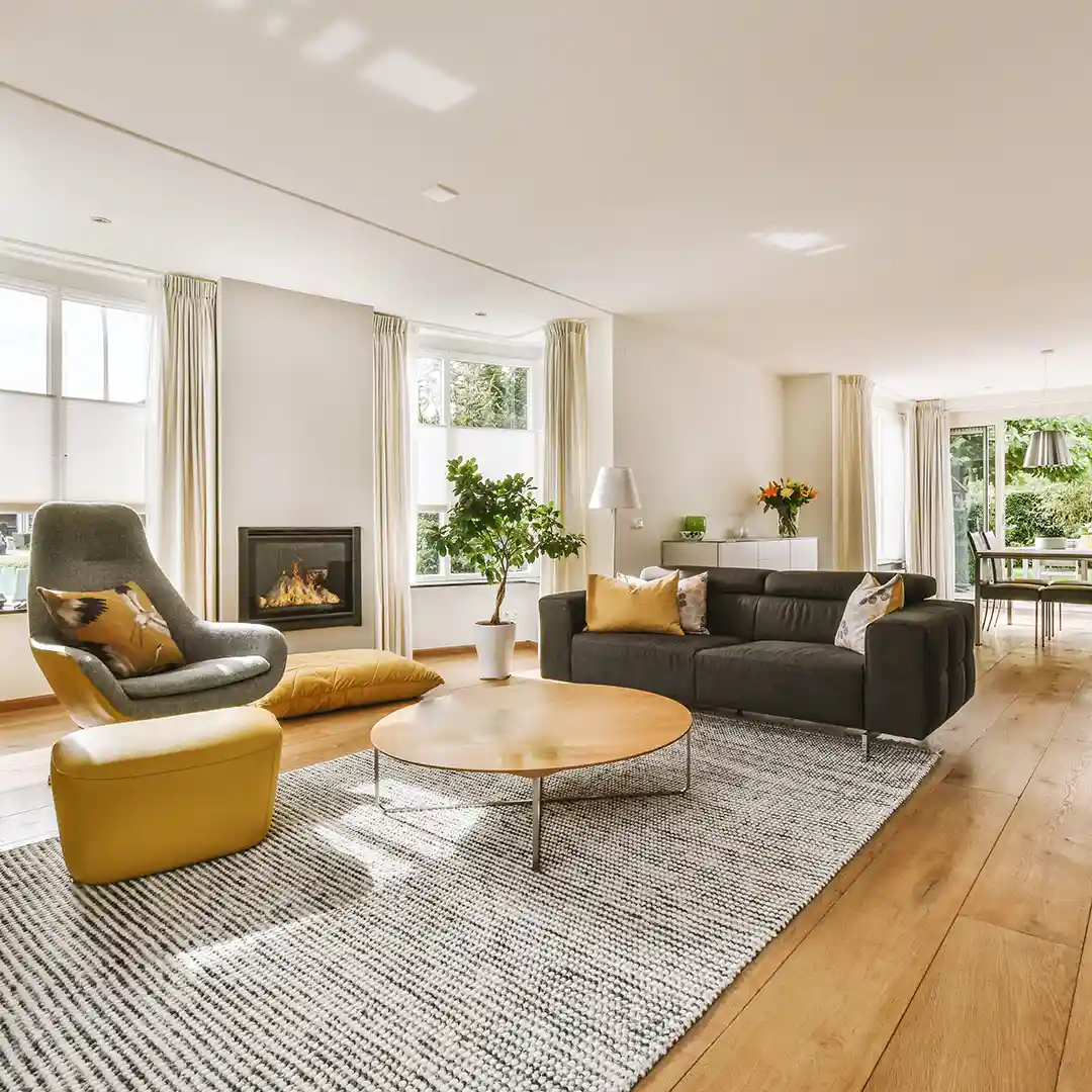 Interior with sofas and fireplace